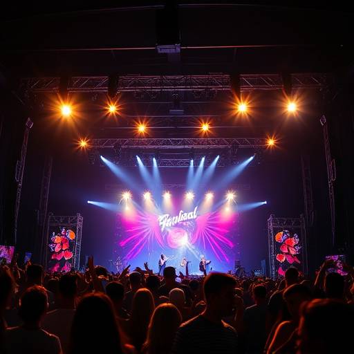 Een dynamisch shot van een live muziekoptreden tijdens een festival, met felle podiumverlichting.