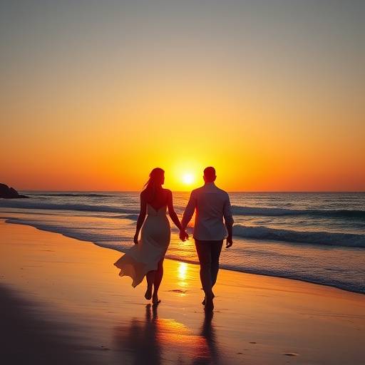 Een elegant bruidspaar dat hand in hand loopt op een strand bij zonsondergang.