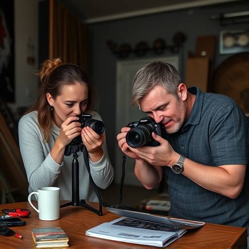 Fotografen Elara van Dijk en Liam de Vries aan het werk in de studio