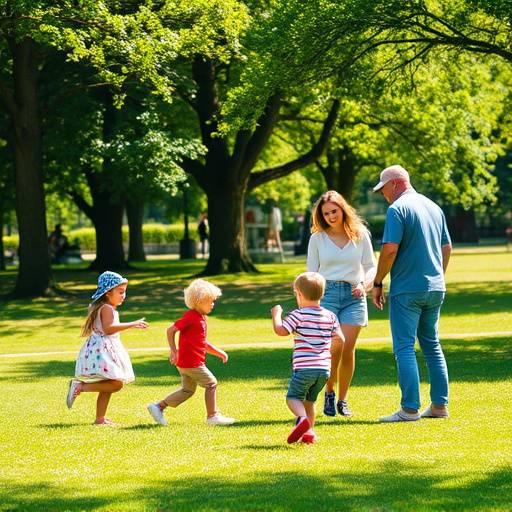 Gezin in een park, de ouders kijken liefdevol naar hun spelende kinderen, zonnig weer.