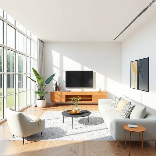 Ruimtelijke interieurfoto van een moderne woonkamer met veel natuurlijk licht.