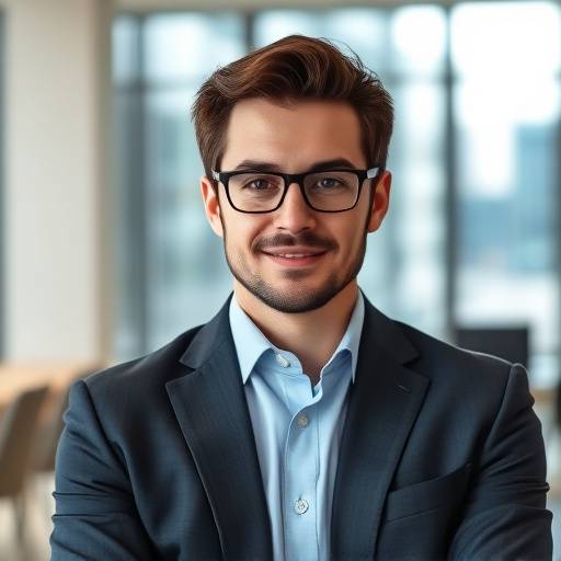 Zakelijk portret van een man in een modern kantoor, zelfverzekerde blik.